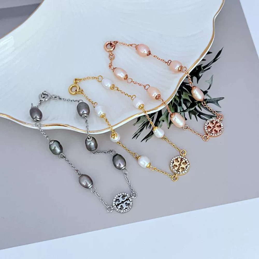 Tory Burch Freshwater Pearl Crystal Geometric Round Cutout Letter Bracelet